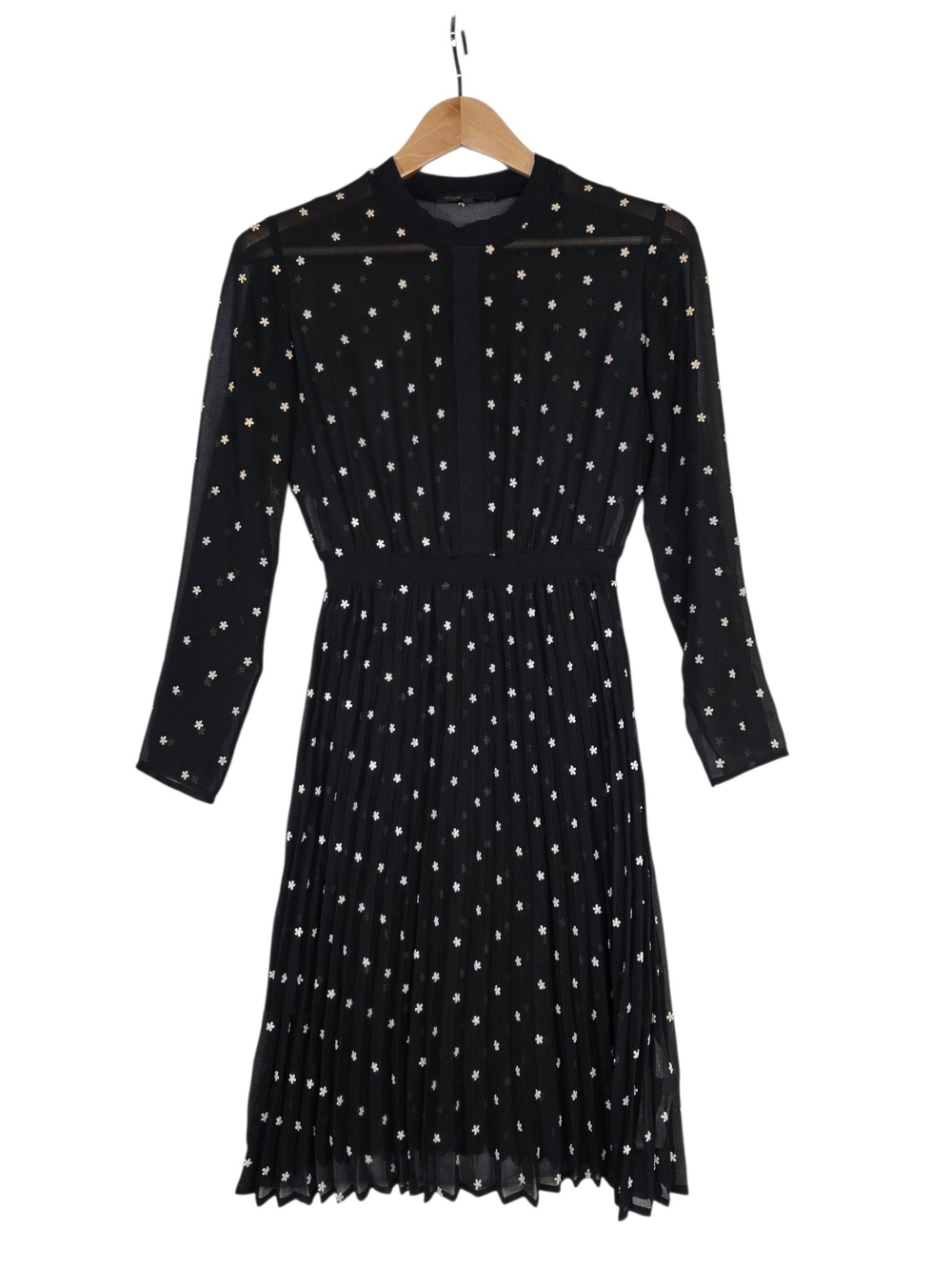 Maje SheerDress with White embroireded floral - Long Sleeve Pleated knee length